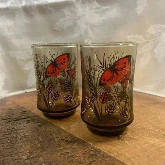 Libbey Other - 2 Libbey Juice  Glass Monarch Butterfly Wheat Pattern Amber Brown Vintage